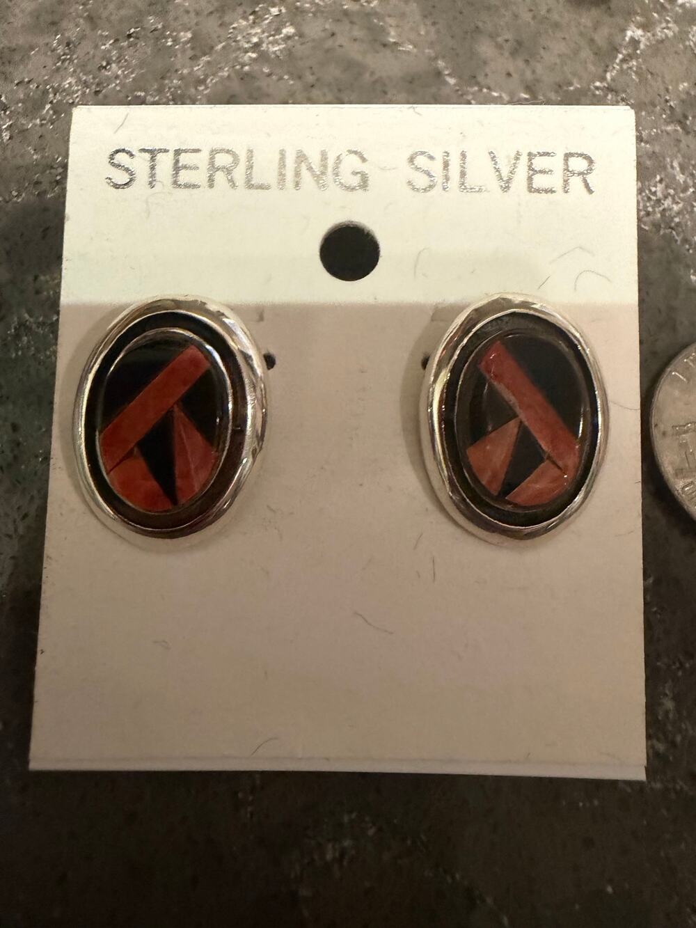 Sterling Silver Southwest Inlay Oval Stud Earrings Red Black Geometric
